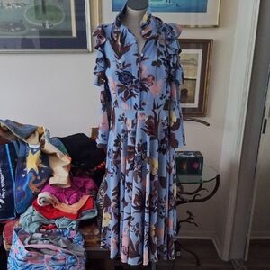 VIVETTA ITALY Floral Ruffle-Sleeve Midi Dress in Light Blue